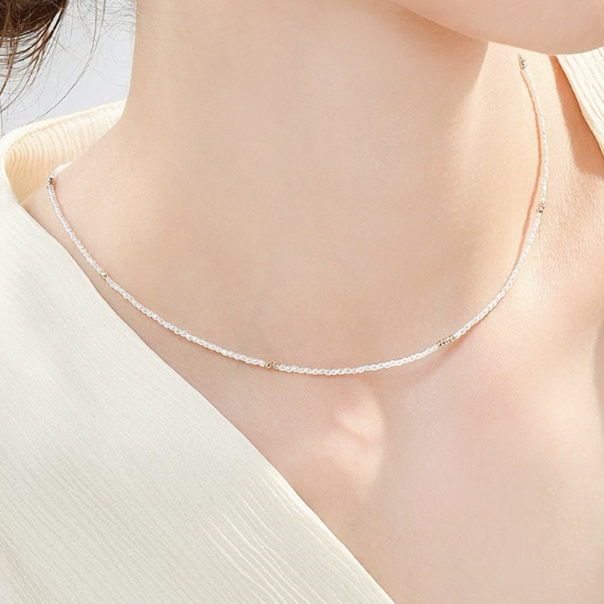 海水Akoya珍珠Keshi项链18K金baby珠时髦choker锁骨链颈链 Freshwater Pearl Necklace detail view
